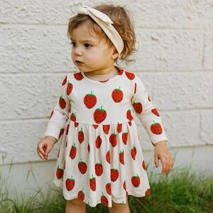Mini Rodini Strawberry Print Dress Girls 12-18 Months Organic Cotton Cute Preppy